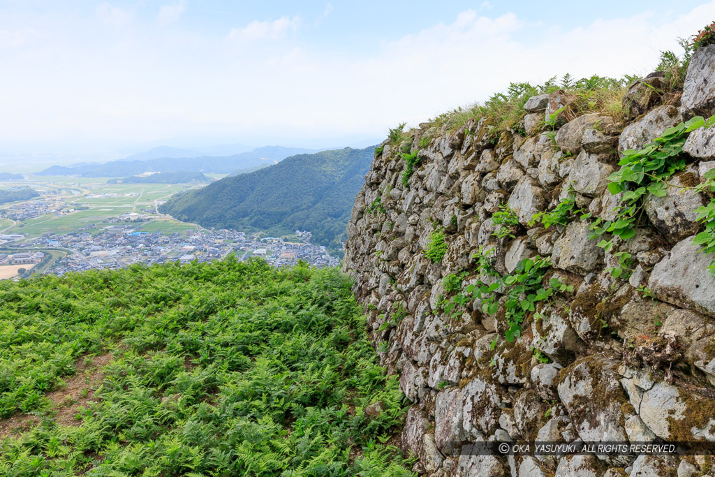 有子山城の主郭石垣と出石城下の眺望