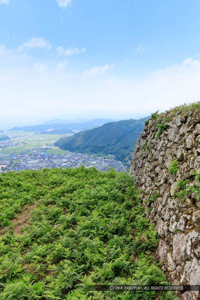 有子山城の主郭石垣と出石城下の眺望