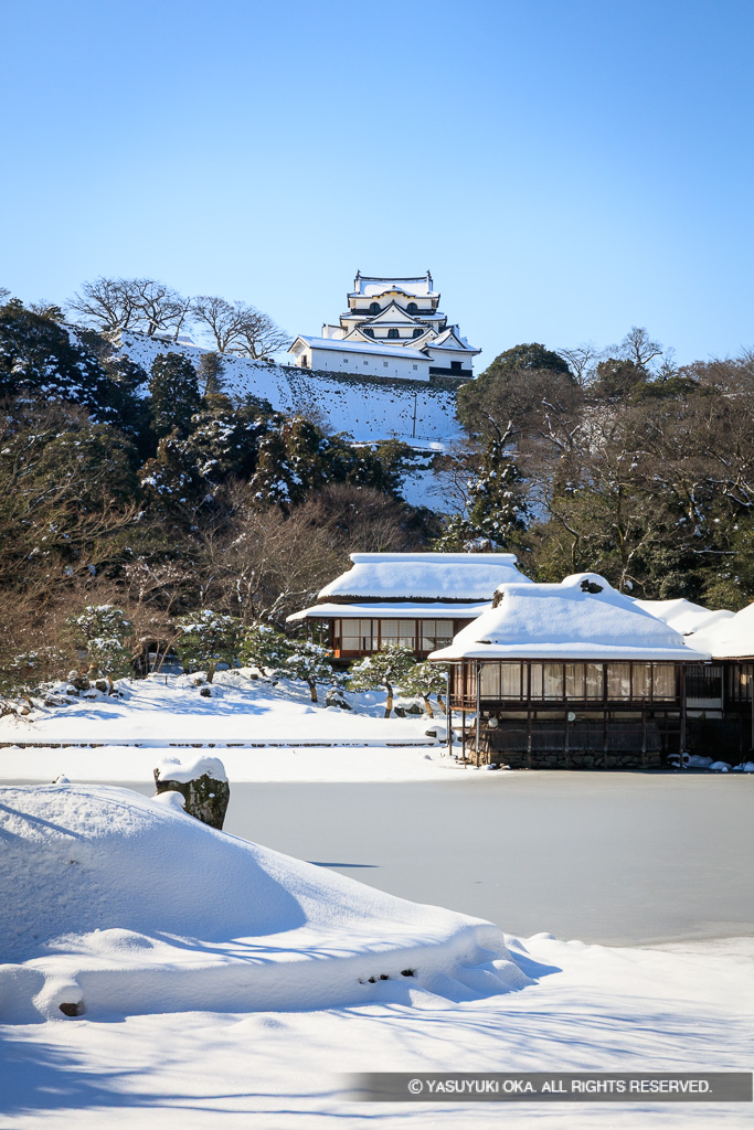 雪の玄宮園から彦根城天守