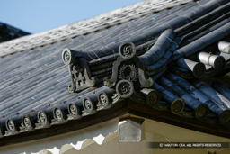 井伊家家紋と上り藤紋・彦根場天秤櫓棟部の鬼瓦 | 高解像度画像サイズ：3924 x 2616 pixels | 写真番号：VJ7Z6810 | 撮影：Canon EOS-1Ds Mark II