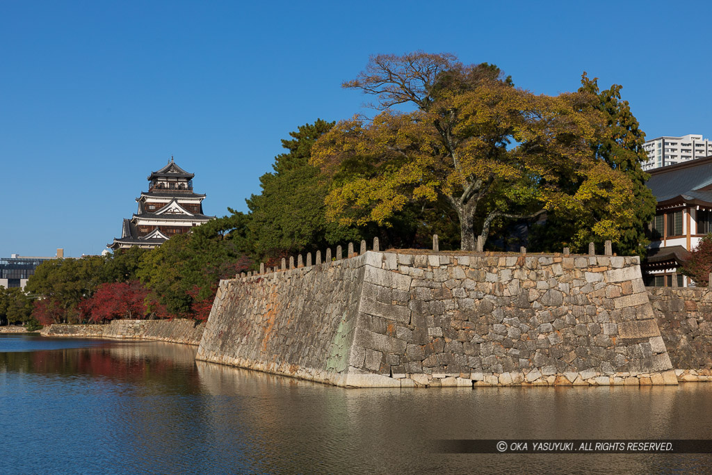 内堀から見る広島城本丸櫓台と天守閣