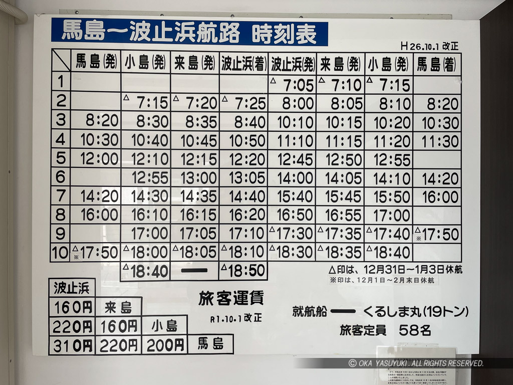 馬島〜波止浜航路時刻表と旅客運賃