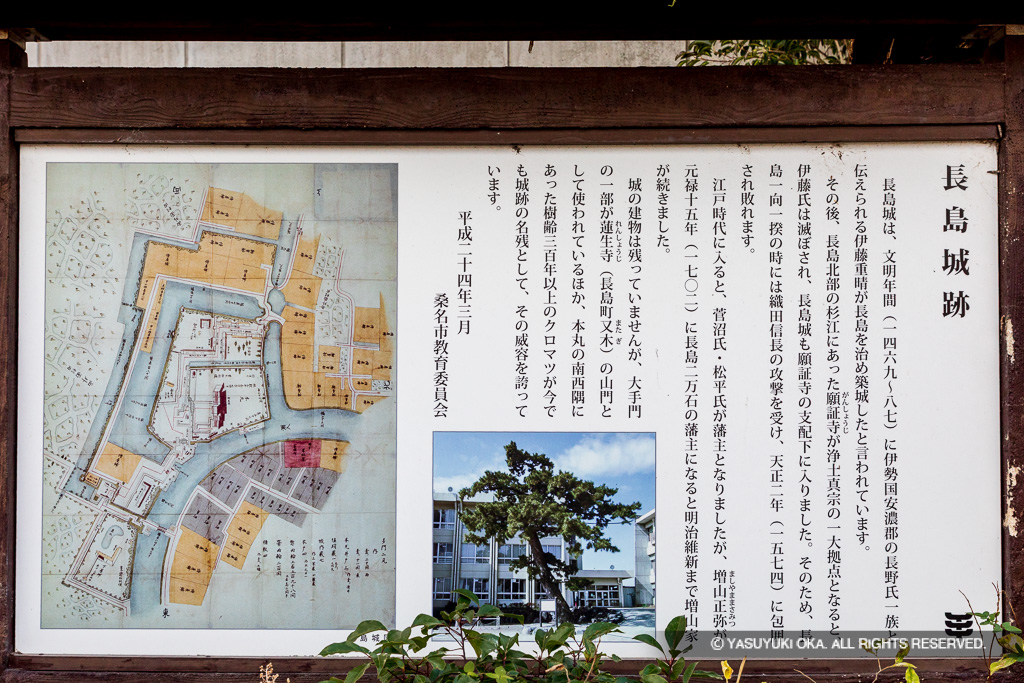 長島城跡の歴史解説板（長島中部小学校脇）