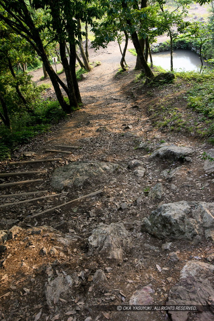 小谷城の馬洗池を望む