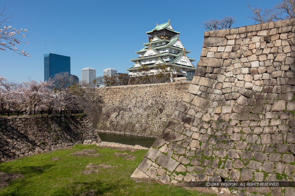 大阪城天守閣と本丸石垣・空堀・春