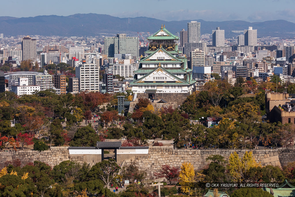 大阪城天守閣と桜門・紅葉