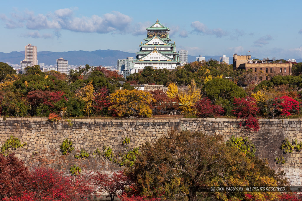 大阪城天守閣と二の丸石垣・紅葉