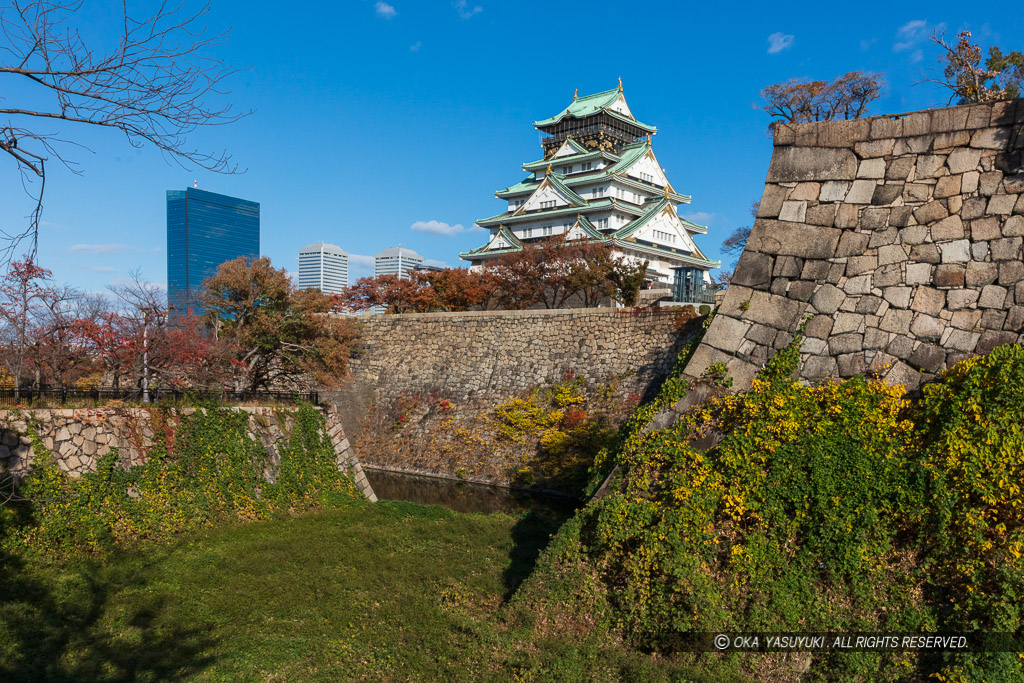 大阪城天守閣と本丸石垣・空堀・紅葉