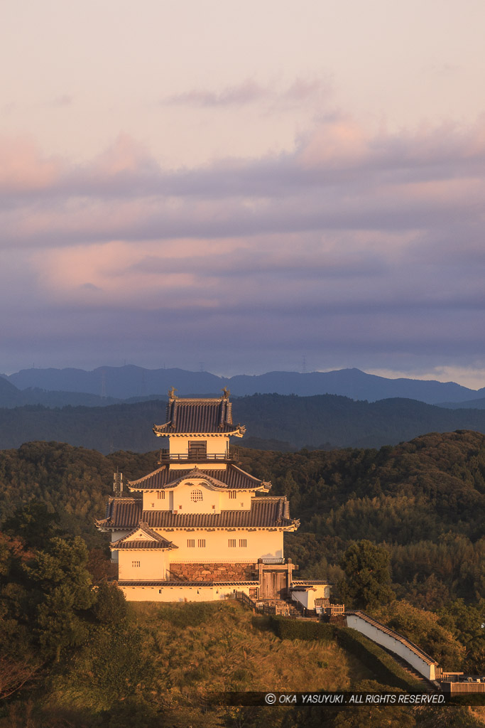 朝日に染まる掛川城