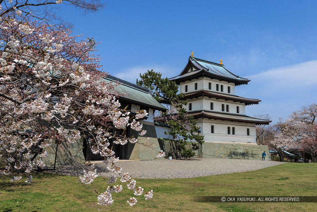 松前城の本丸御門・天守・桜